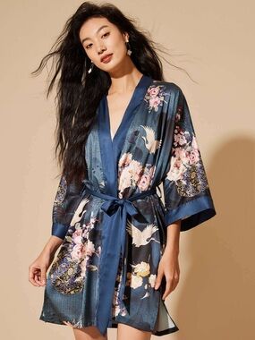 Ulivary Navy Floral Satin Kimono Robe with Crane Print